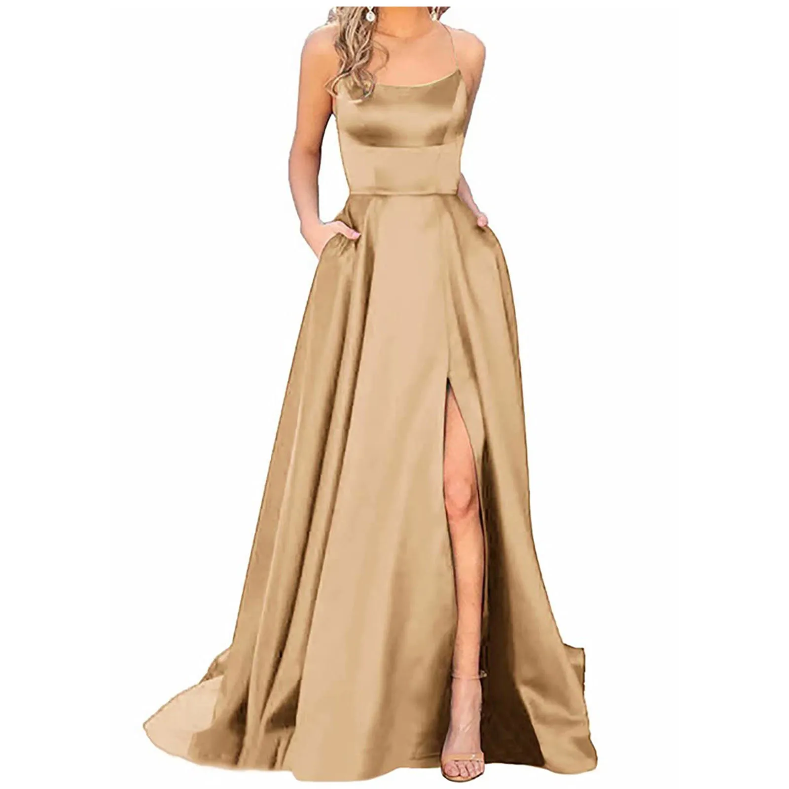 

Women Elegant Halterneck Backless Long Dresses Slit Criss-cross Satin Spaghetti Strap Party Prom Dress Evening Ceremonial Dress