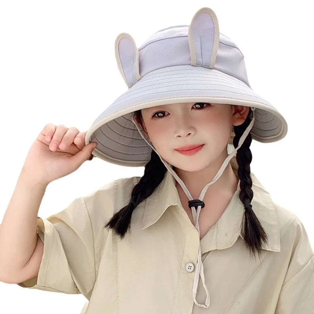 Korean Style Wide Brim Peaked Cap Adjustable Breathable Children Fishman Hat Cotton Streetwear Rabbit Ear Sunhat 2-4 Years Old