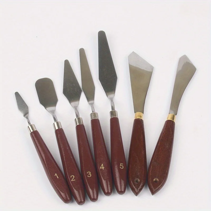 7Pcs Professional Color Mixing Knife Set Wooden Handle Stainless Steel Blade Oil Painting Knife For Students Art Enthusiasts