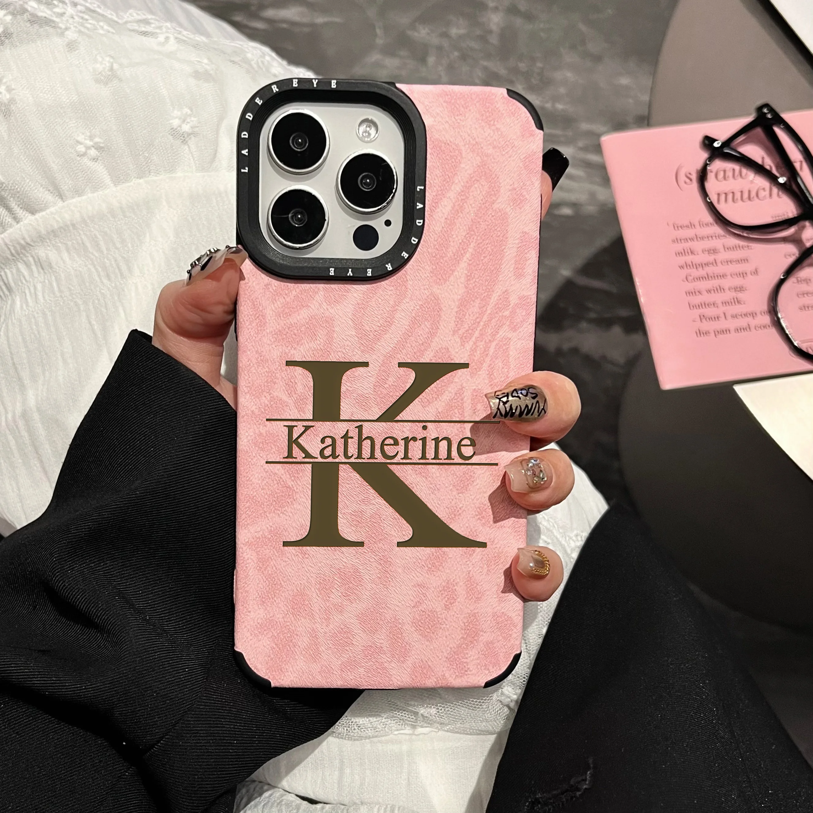 Customized Pink Leopard Synthetic Leather Phone Case with Personalized Name Cover