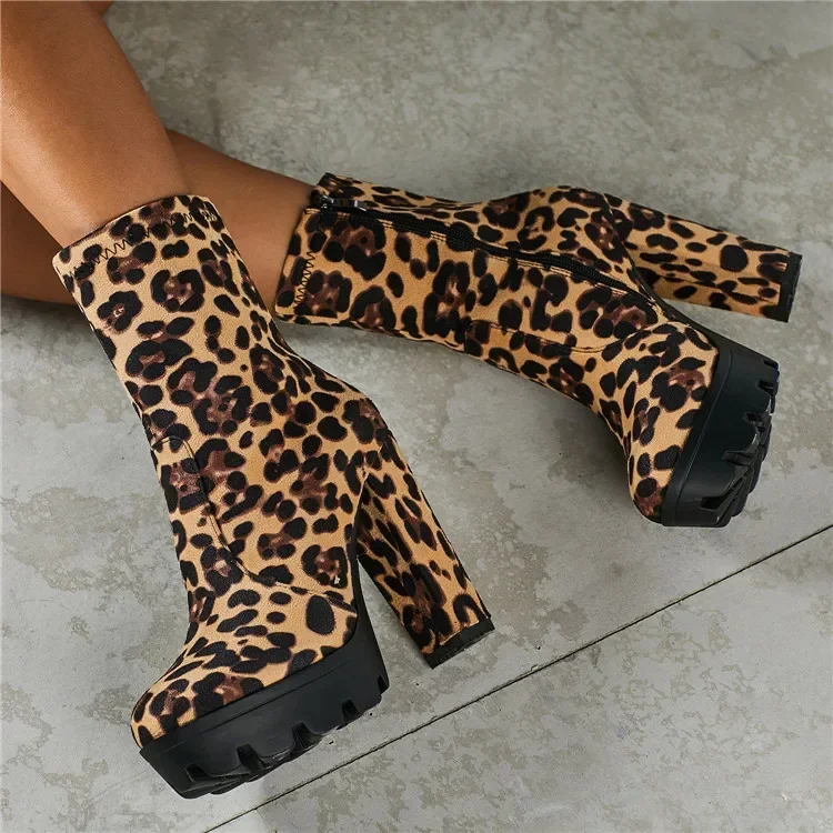 

luxury Women Thick Platform Boot Autumn Winter Ladies Gothic Leopard Print Shoes Fashion High Heels Ankle Boots Botas Mujer 42