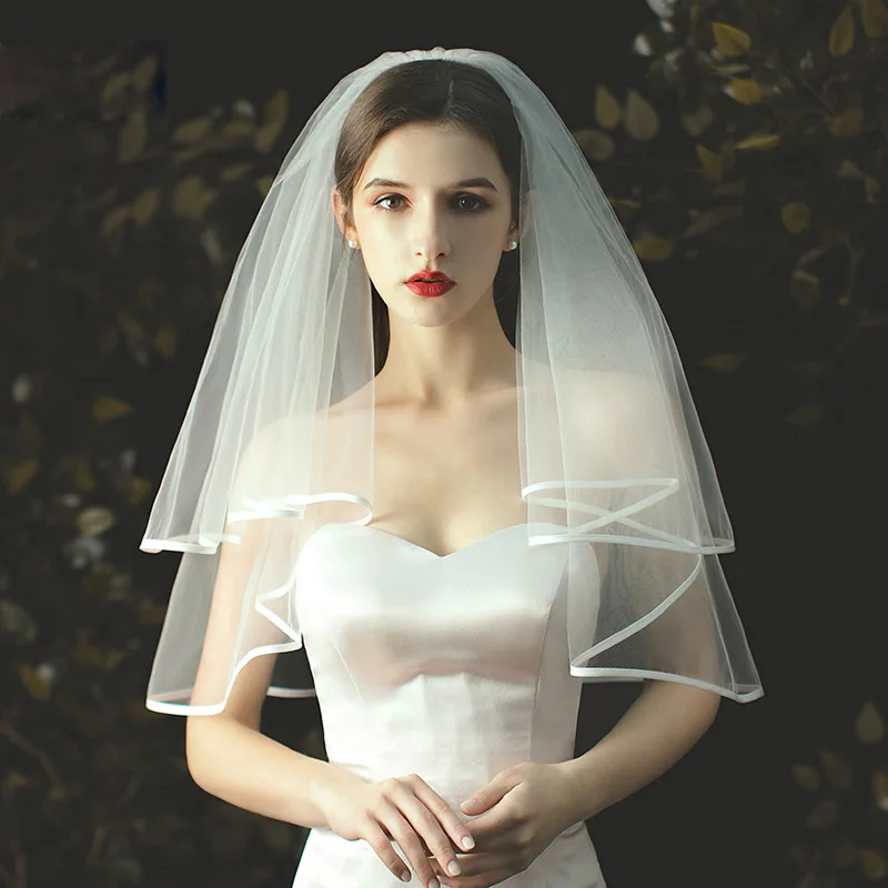 

Short Wedding Veil 2T Ribbon Edge Bride Veils With Comb Cover Face Bridal Veil
