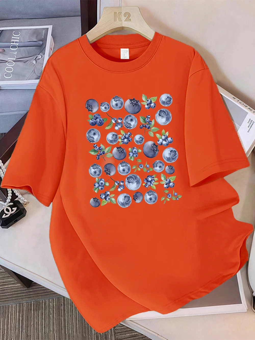 Sommer-T-Shirts aus 100 % Baumwolle für Damen, frische Blaubeerfrüchte, bedruckt, Oberteile, weiches, lockeres T-Shirt mit O-Ausschnitt, Urlaub, lässige Damenkleidung – Detail 14