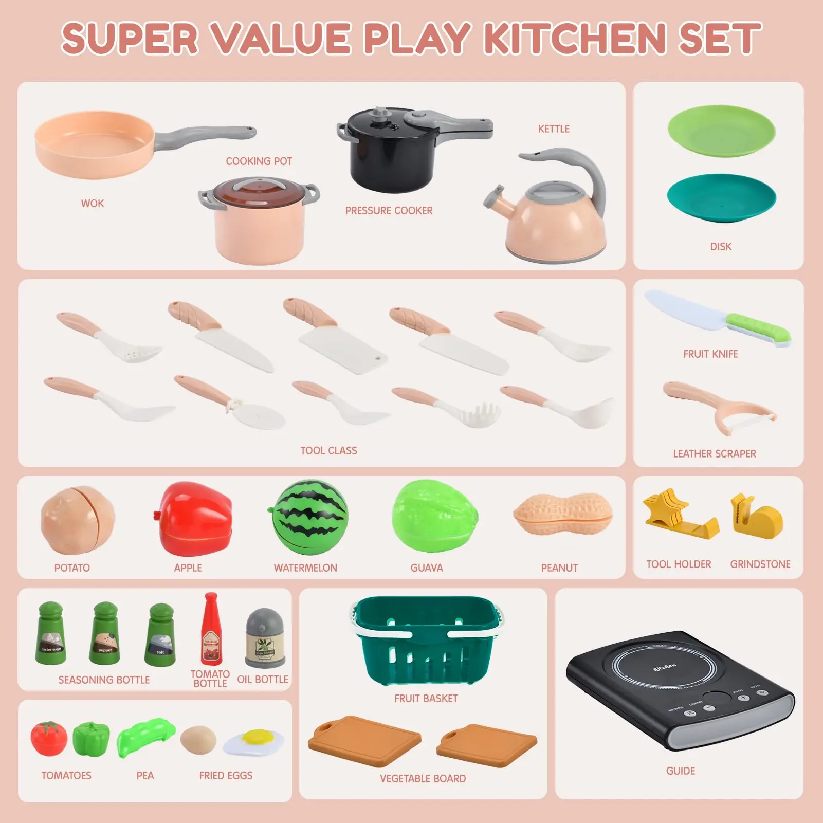 Kids Play Food Set Toy with Pots Pans and Cookware Utensils,Cooking Cutting Learning Gift for Girls Boys