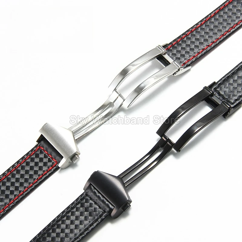 Premium Black Carbon Fiber Genuine Leather Watchband - Soft, Breathable, Lightweight, and Comfortable