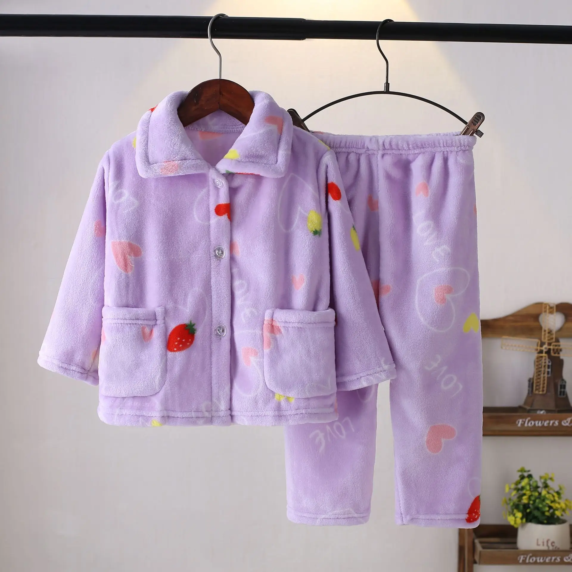 Flannel Pajamas Sets Boys Girls Cartoon Long Sleeve Lapel Tops with Pants PJM Sleepwear Clothing