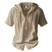 Chemise en coton et lin pour hommes, à capuche, manches courtes, couleur unie, respirante, légère, avec cordon de serrage, chemises décontractées, t-shirts basiques 4