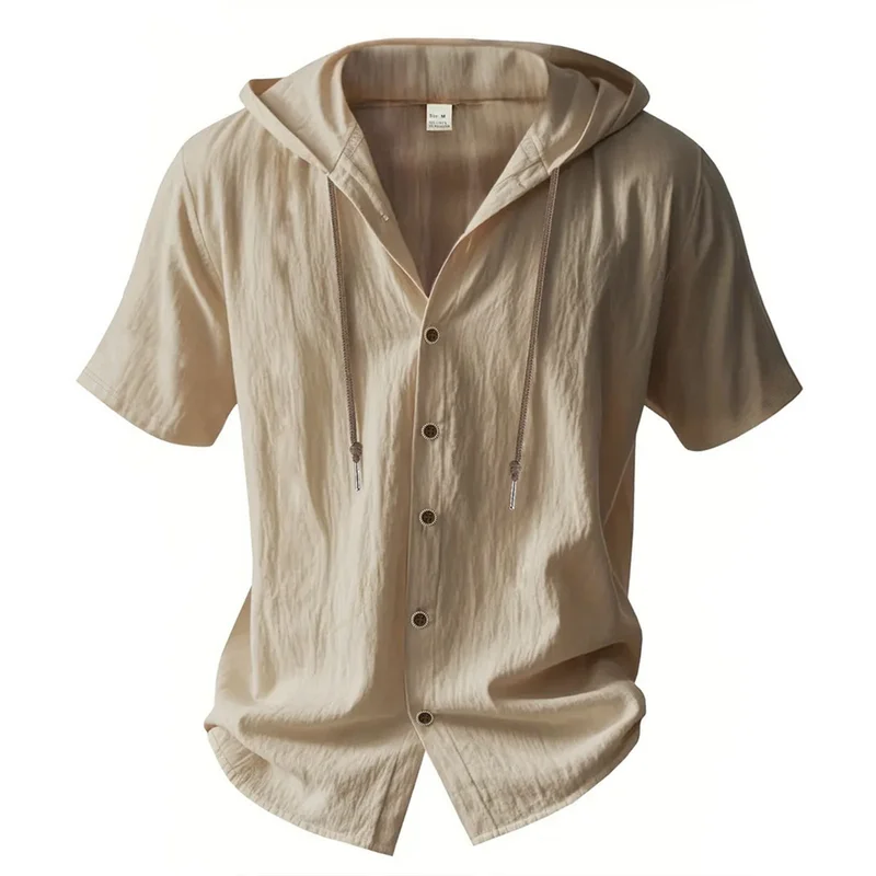 Cotton Linen Shirt Hooded Short Sleeve