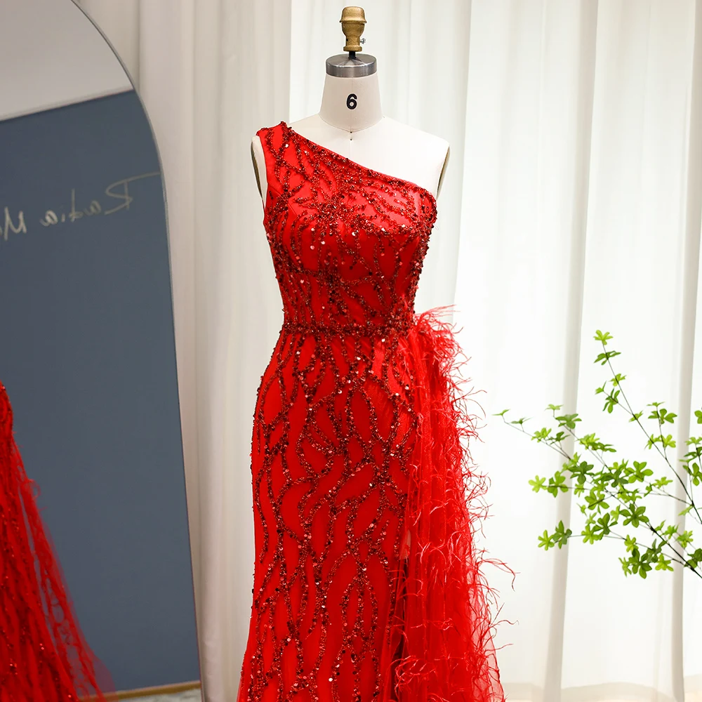 Sharon Said Made Feather One Shoulder Wine Red Mermaid Prom Evening Dresses for Women Wedding Party Gowns with Slit SS354