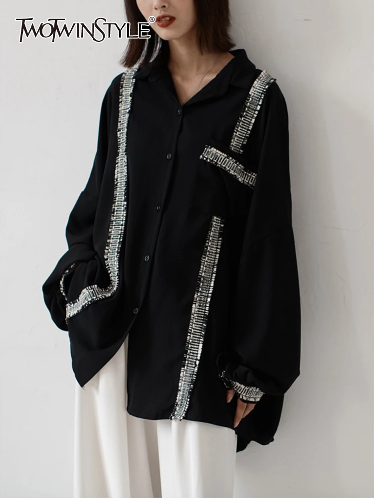 

TWOTWINSTYLE Temperament Embroidery Shirt For Women Lapel Long Sleeve Patchwork Single Breasted Casual Blouse Female Clothes New