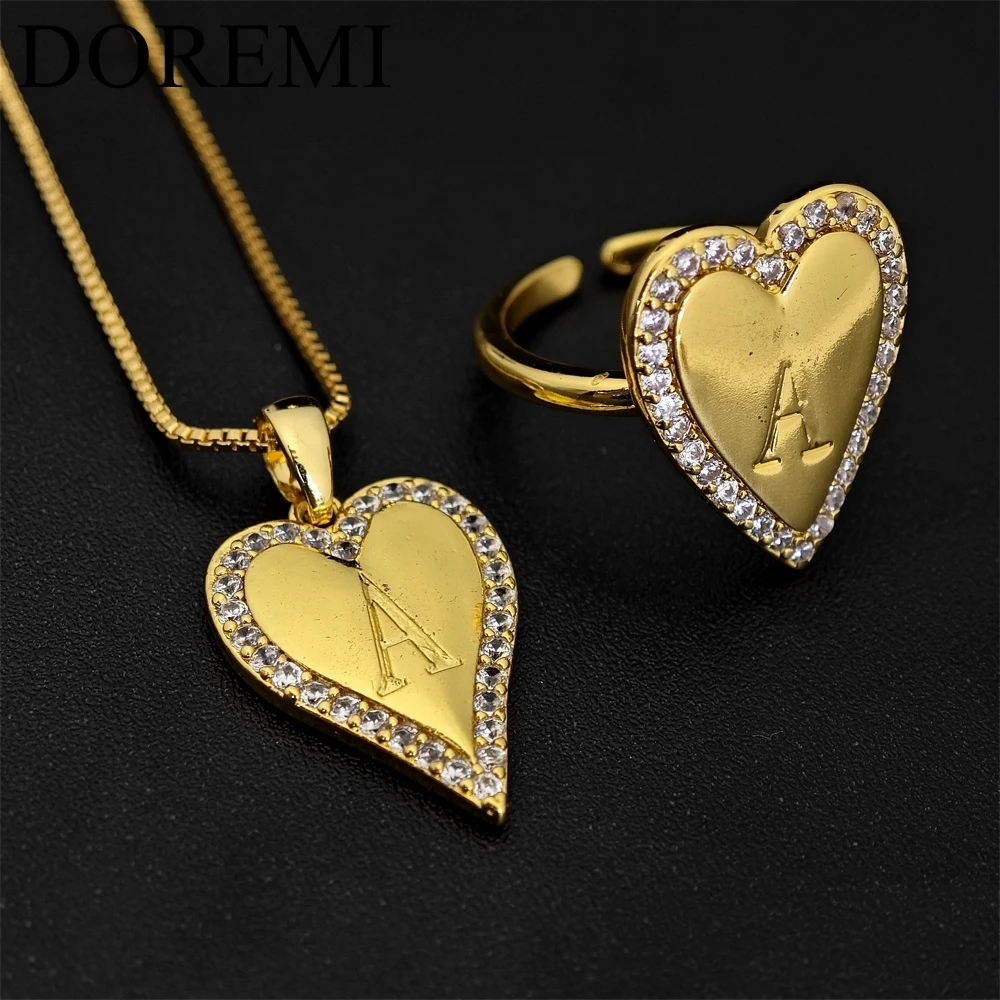 DOREMI 3D Heart Full Zircon Engrave Letter Initial Name Necklace Crystal Women Custom Jewelry Gift Ring Heart Necklace