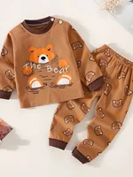 Ensemble de sous-vêtements pour garçons en coton avec lettrage et motif d'ours, haut à manches longues et pantalon assorti, ensemble pyjama 3