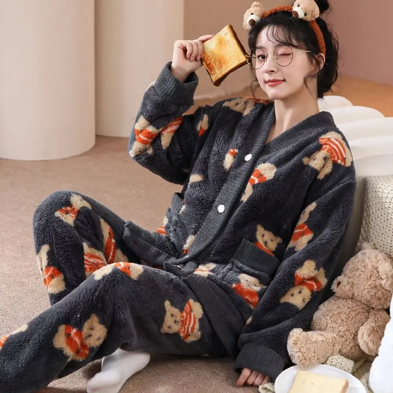 2024 New Women's Pajamas Autumn Winter Famale Sleepwear Coral Plush Loungewear Suit Cute Dog Home Wear Thick Flannel Outwear Set