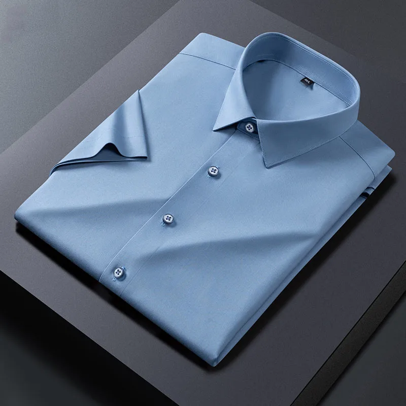

Excellent Silk Stretch Business Men Dress Shirts Short Sleeve for Summer Solid Comfortable Cool Male Tops without Front Pocket