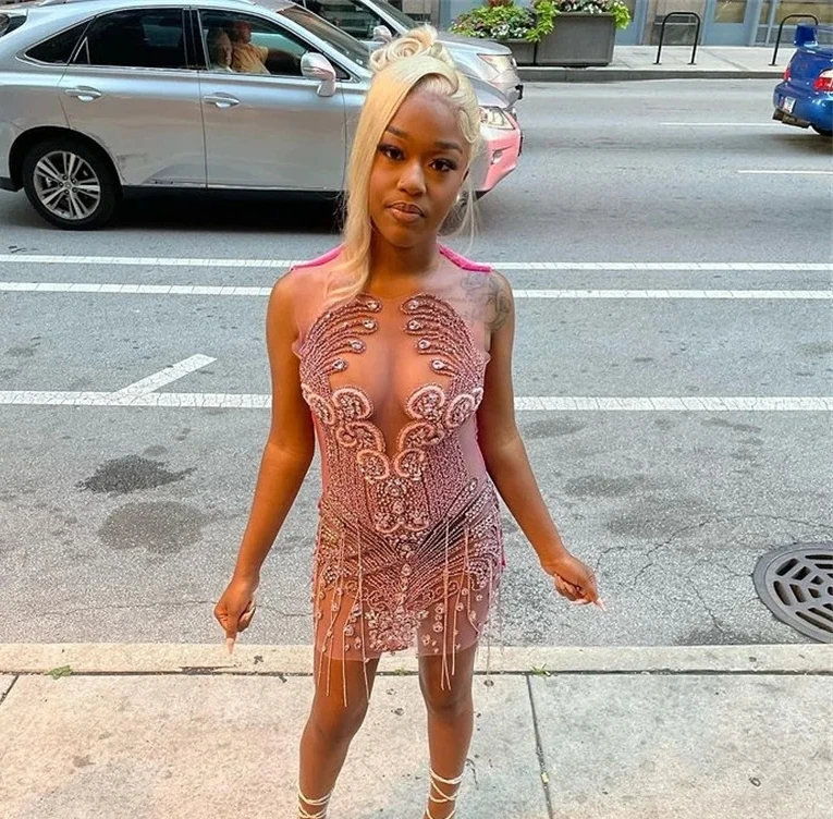 

Pink Sheer Sexy Diamond Short Prom Dresses Black Girls Beaded Birthday Party Dresses African Mini Cocktail Dresses Homecoming