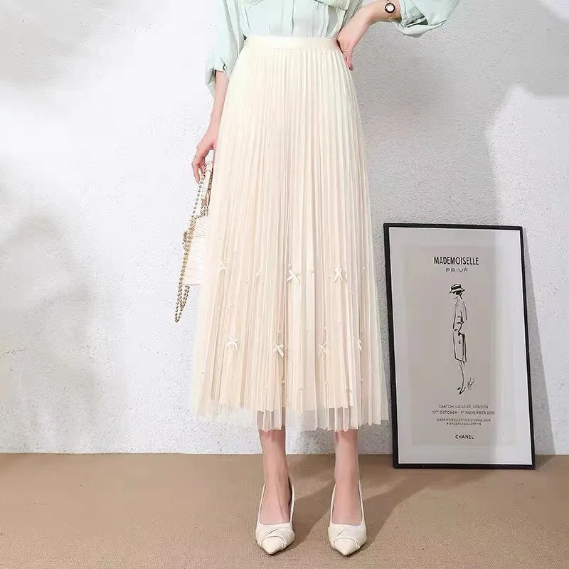 

Summer Vintage Tulle Skirt Women Elastic High Waist Mesh Skirts Female Long Pleated Tutu Skirt