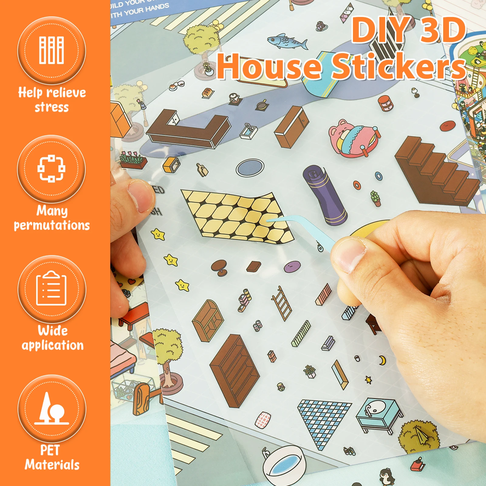 2 Sets Large 3D School House Sticker Scenes - DIY Miniature Craft With Tweezers, Stress Relief Activity - View #5