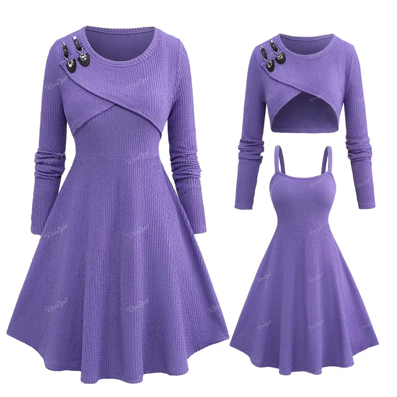 

ROSEGAL Plus Size 2023 New In Dresses Solid Purple Buckle Crop Top And Textured Tank Dress Women Casual Two Piece Dress Vestidos