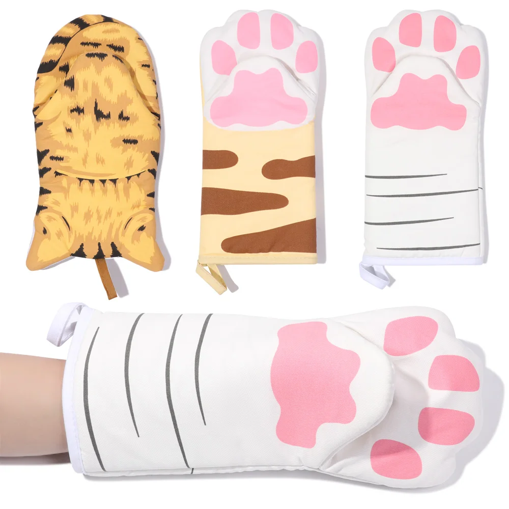 Kitchen gloves cotton pot holders 1PC 3D Cartoon Animal Cat Paws Oven Mitts Long Cotton Baking Insulation Gloves Microwave Heat Resistant Non-Slip Kitchen Gloves