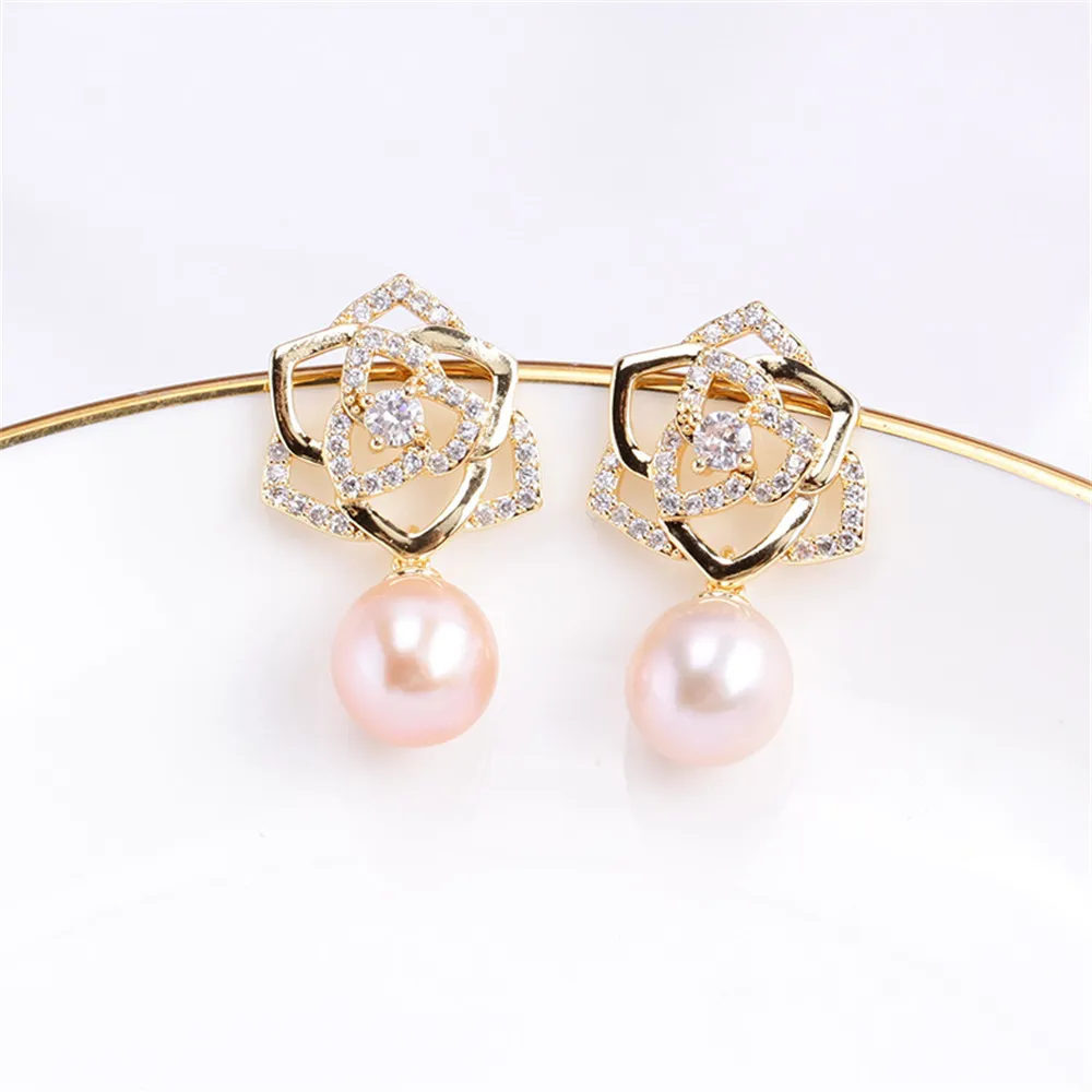 Domestically Produced 14k Gold Plated Color Retaining Hollow Rose Zircon Pearl Earrings DIY Accessories for Simple Women