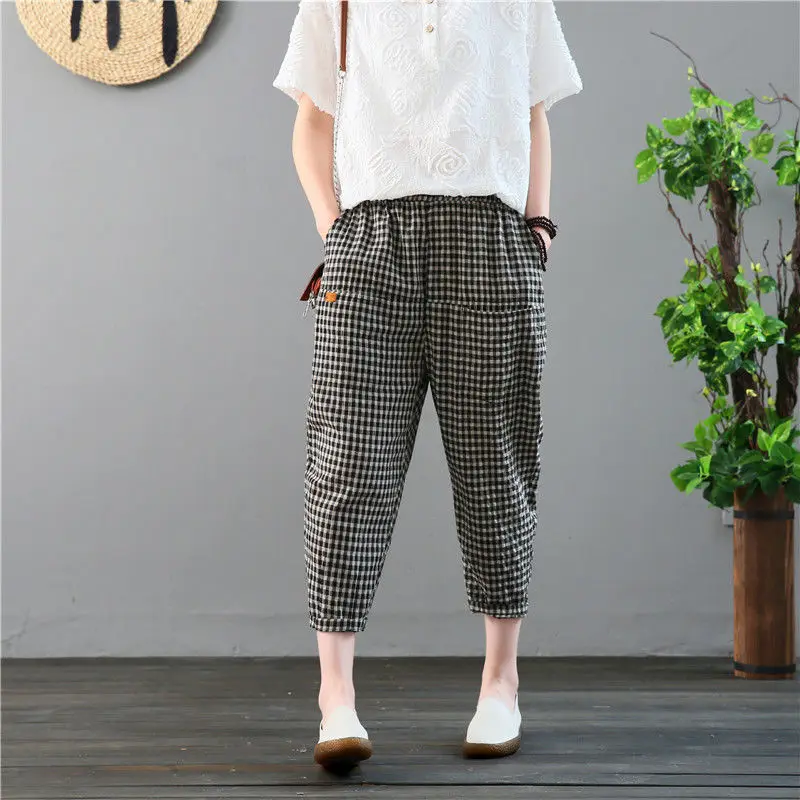 trousers for women Women Spring Summer Fashion Japan Style Elastic Waist Cotton Linen Plaided Ankle Length Harem Pants Office Lady Trousers RV429 slacks