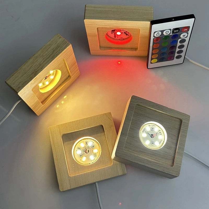 7 Color Light Square LED Lights Wooden Lighted Base Stand Lasers Crystal Glass DIY Night Lighted Base Resin Art Ornament