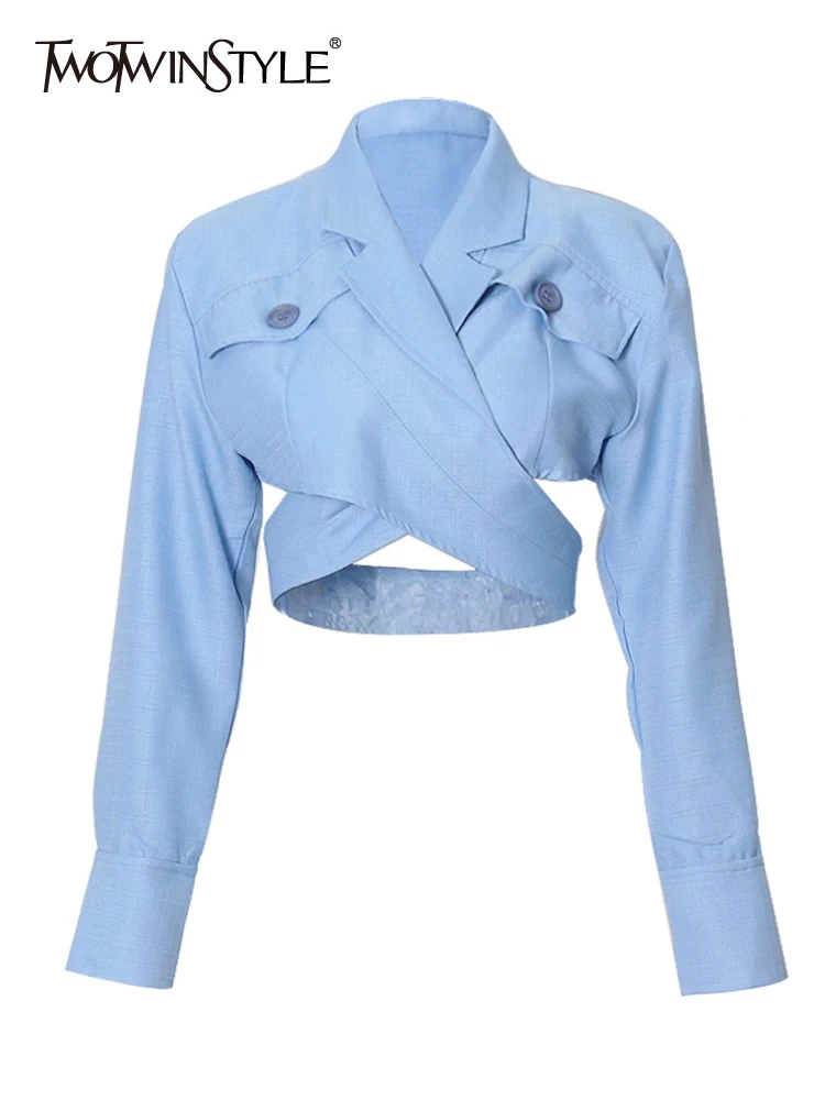 

TWOTWINSTYLE Solid Spliced Lace Up Shirt For Women Lapel Long Sleeve Patchwork Buttons Casual Short Blouse Female Fashion Style