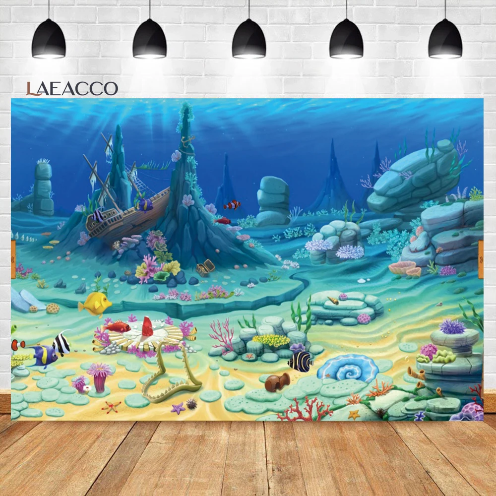 

Laeacco Under The Sea Backdrop Seabed World Cartoon Creatures Baby Shower Birthday Portrait Customized Photography Background