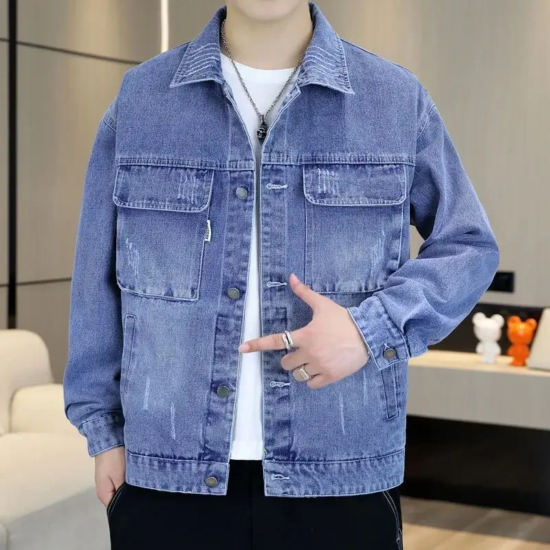 

Men's Denim Jacket Autumn Blue Aesthetic Male Jean Coats Button Outwear Y2k Worn Trendy High Quality Elatic Casual of Fabric G