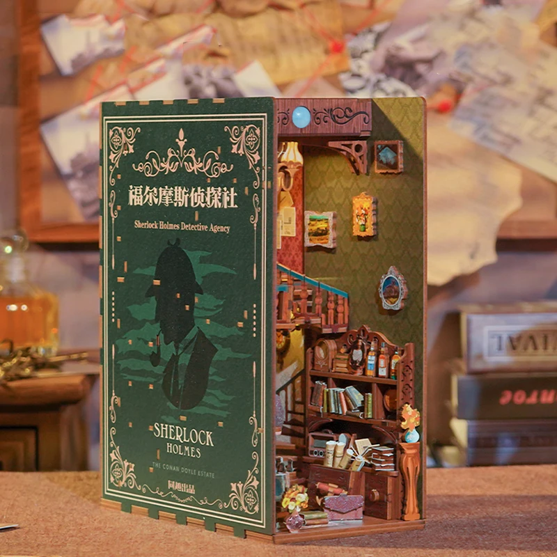 NEW DIY Wooden Book Nook Shelf Insert Kits Sherlockk Holmess Detective Agency Bookends Miniature Building Kits Bookshelf Gifts 2