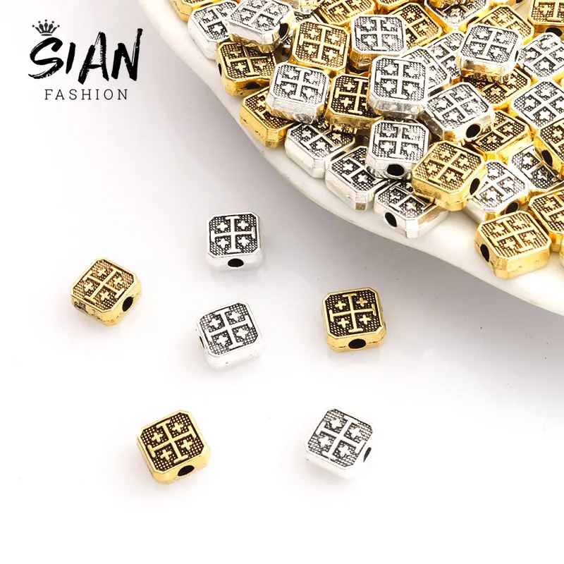 

20pcs Religion Jerusalem Cross Alloy Spacer Beads Square Shape Metal Loose Beads Antique Silver Color Jewelry Making DIY Crafts