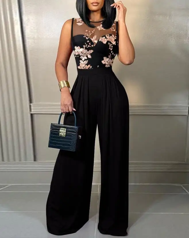 

Women's Jumpsuit 2023 Spring Fashion Sexy Contrast Sequin Floral Pattern Round Neck Sleeveless Wide Leg Long Party Jumpsuit