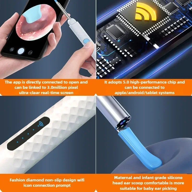 Smart Ear Cleaner Endoscope Spoon Camera Ear Picker Cleaning Wax Removal Visual Earpick Wifi Mouth Nose Otoscope 6
