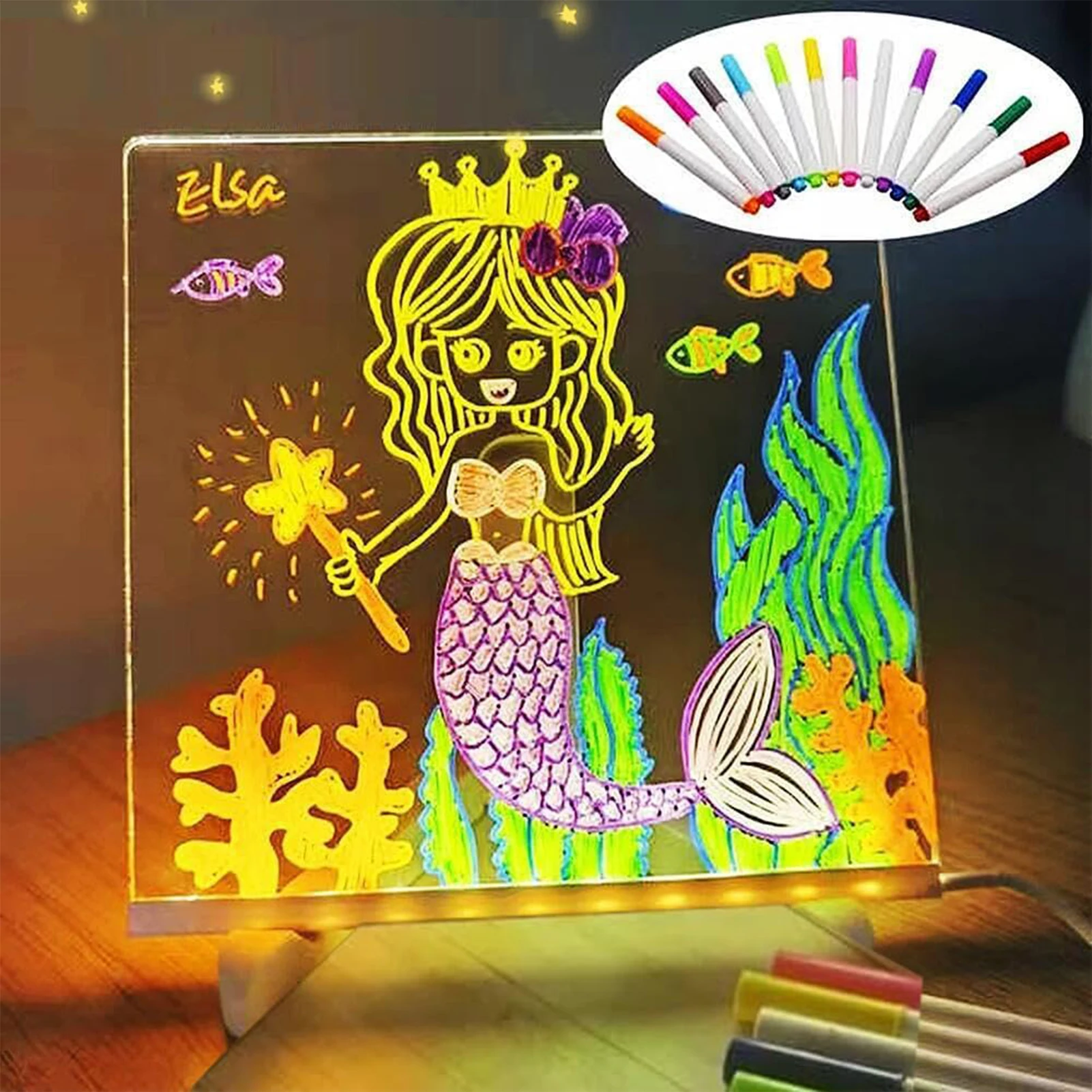 LED 조명 매직 노트 보드, 데스크탑 메모, 지울 수 있는 화이트 보드, 어린이용 DIY 페인팅, 7 색 펜