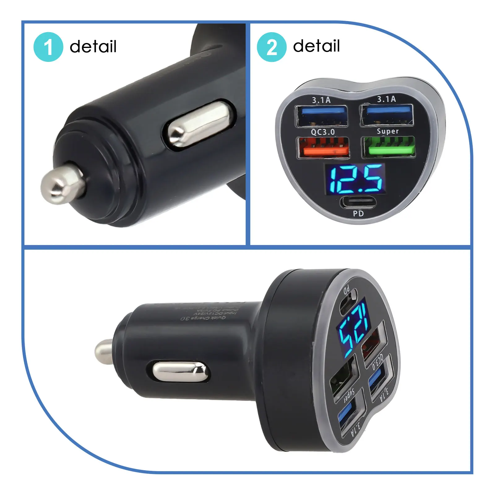 

Автомобильное зарядное устройство 12-24 В, 5USB, ABS + PC