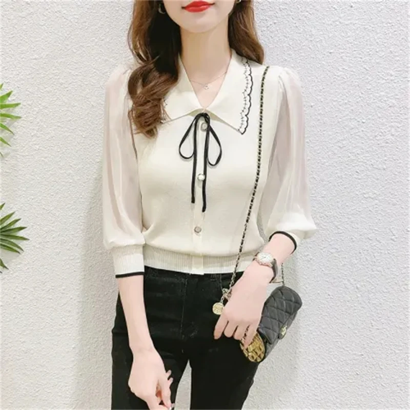 2024 New Spring Summer Women Fashion Elegant Bow Chiffon Patchwork Blouses Office Lady Casual 3/4 Sleeve Slim Pullover Knit Tops
