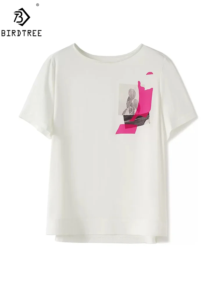 

BirdTree, 19MM Mulberry Silk Cotton Patchwork T-Shirts, Women Short Sleeve Printed, Elegant Casual Tops, 2024 Summer T44795QM