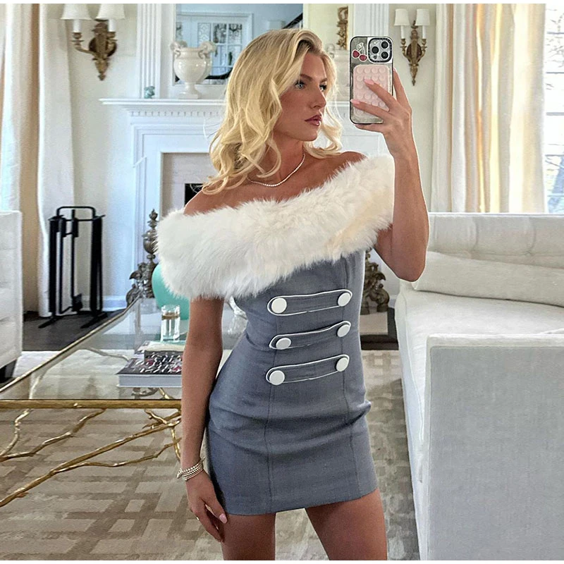 Vintage Plush Off Shoulder Mini Dresses Women Winter Faux Fur Slim Fit Button Short Dress Female Autumn Elegant Chic Evening