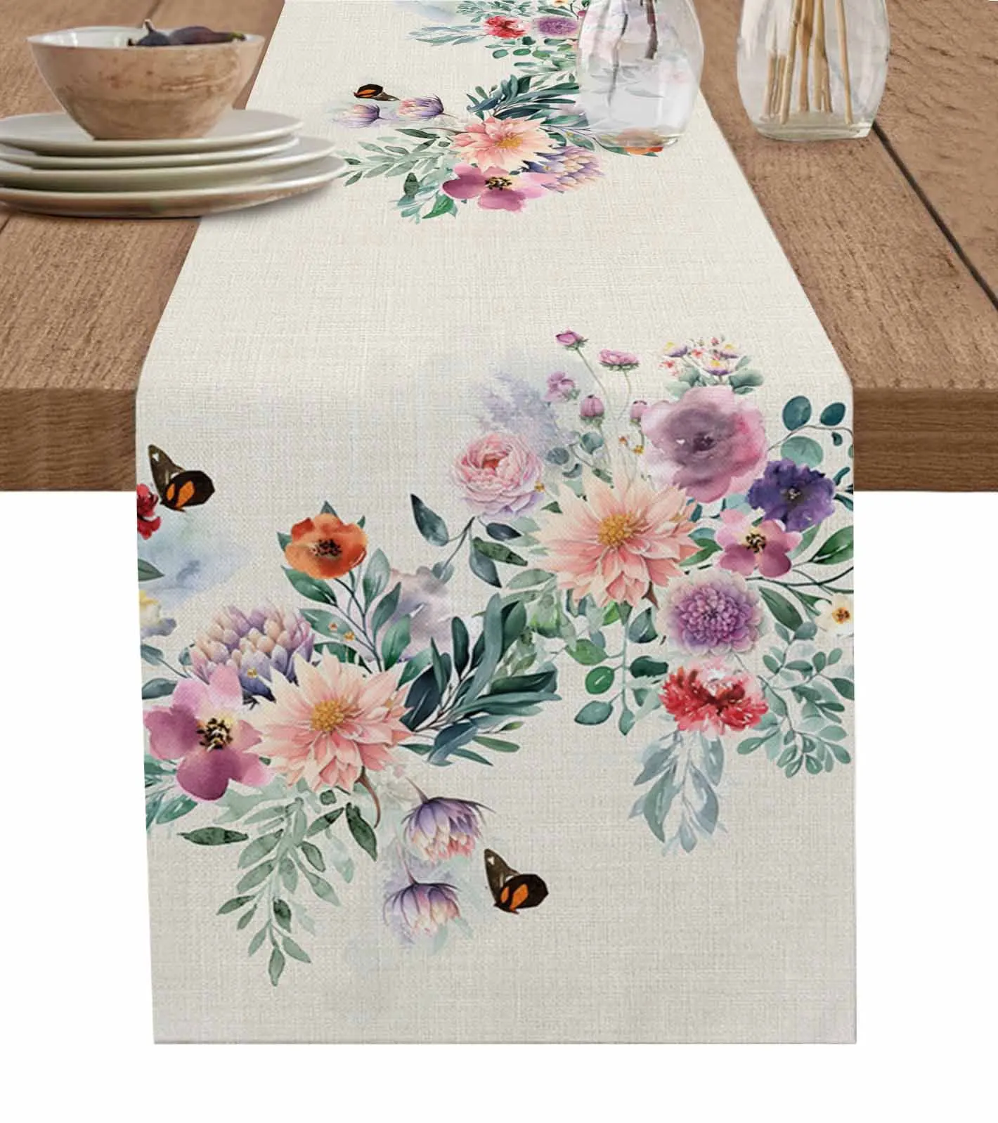 

Hand-Painted Leaves Plants Flowers Butterflies Table Runner Party Dining Table Cover Cloth Placemat Napkin Home Kitchen Decor
