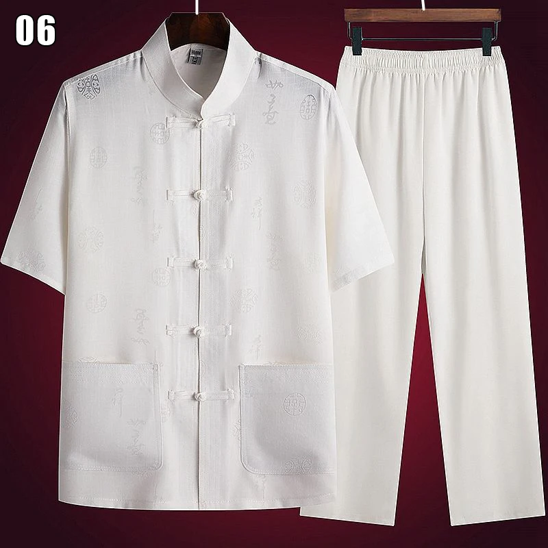 Chinese Traditional Men's Tang Clothing Kung Fu Wing Chun Garment Embroidery Short Sleeve Shirt Top Pant Hanfu Suit 45-90kg