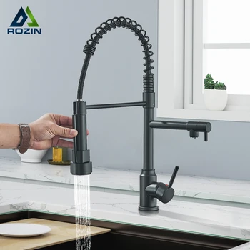 Rubinetto da cucina nero con spruzzatore a molla estraibile Miscelatore acqua calda e fredda montato su piano Rubinetti con ugello a doppio beccuccio Gru 1