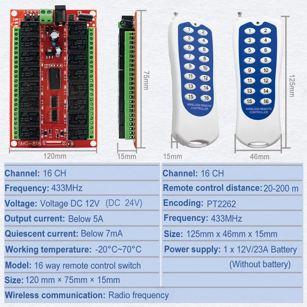 16 Channels RF Wireless Remote Control Switch DC 12V 24V System Receiver 16CH Transmitter Relay 433 MHz for Motor Light