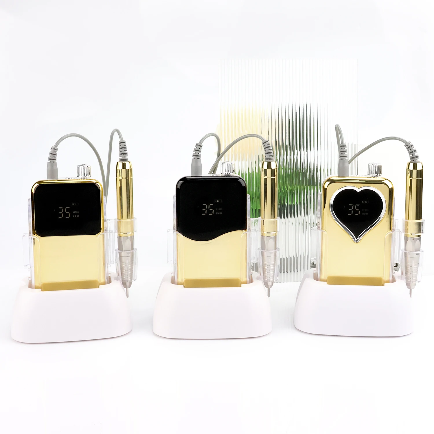35000rpm 85W 브러시리스 모터 살롱 사용 전문 전기 매니큐어 기계 충전 베이스가 있는 골드 충전식 네일 드릴