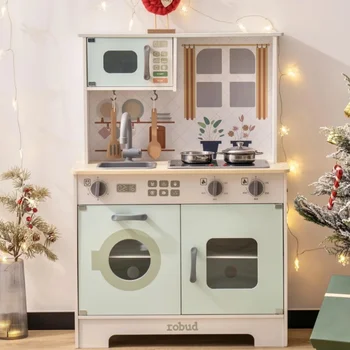 Robotime Robud Wooden Play Kitchen Set with Lights & Sounds – Light Green 1