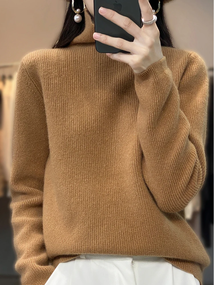 autumn-and-winter-new-100-cashmere-sweater-women's-high-neck-thick-bright-silk-sweater-loose-wool-knit-bottoming-coat