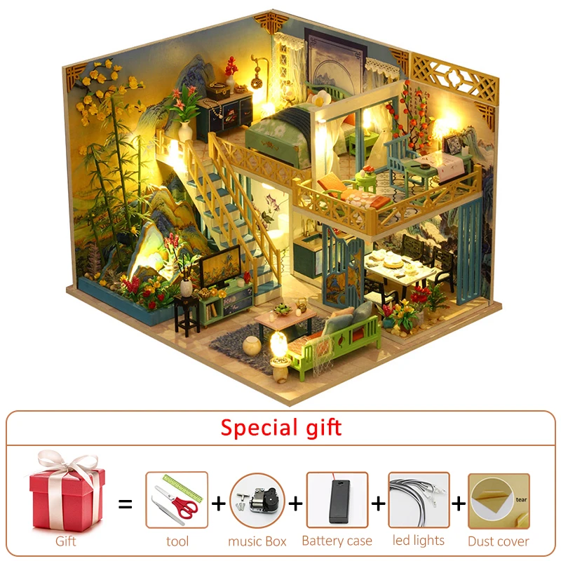 DIY Wooden Dollhouse Casa Miniature With Furniture Kit Chinese Movie Scene Doll  Houses Assemble Toy for Children Christmas Gift