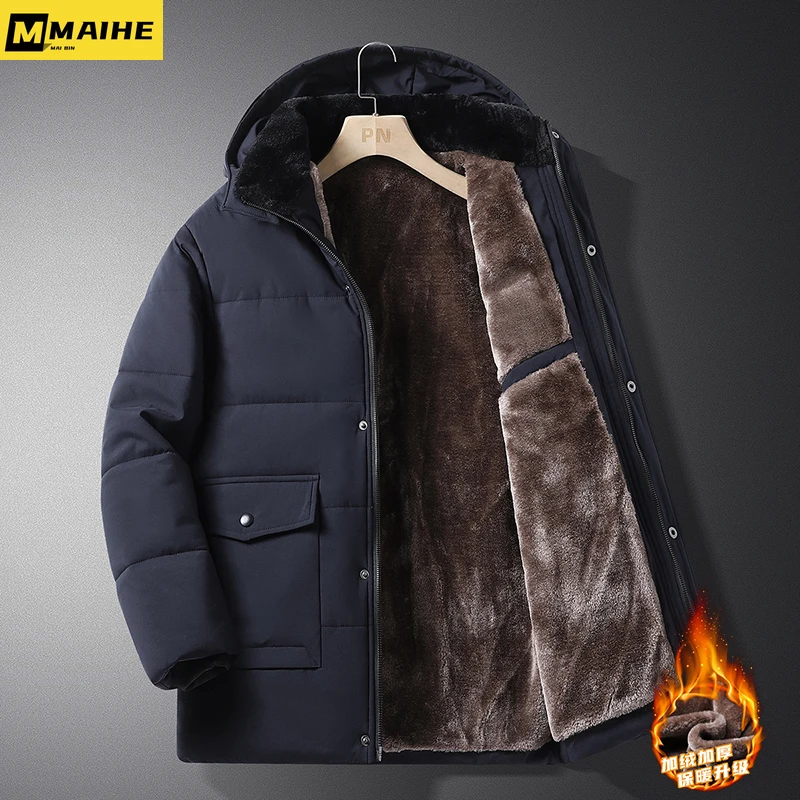 Winter Warm Cotton Jacket With Hood Extra Thick Plush Business Parka Outdoor Casual Cold Resistant And Windproof Men's Clothing