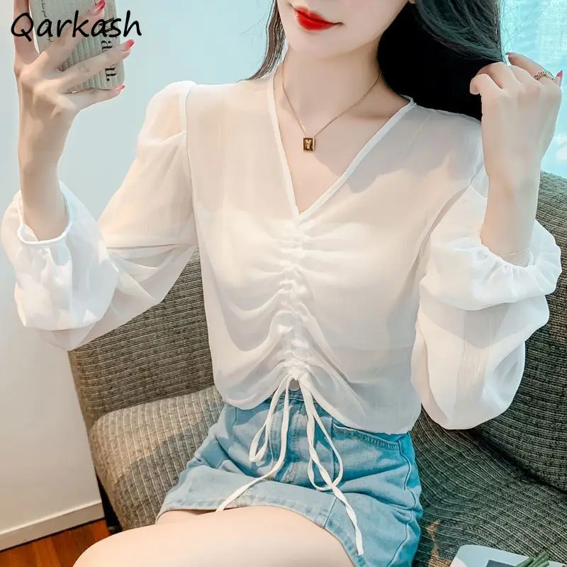 

Blouses Women Long Sleeve V-neck Chiffon See-through Shirring Design Korean Style Summer Sun-proof Thin Breathable Crop Tops 3XL