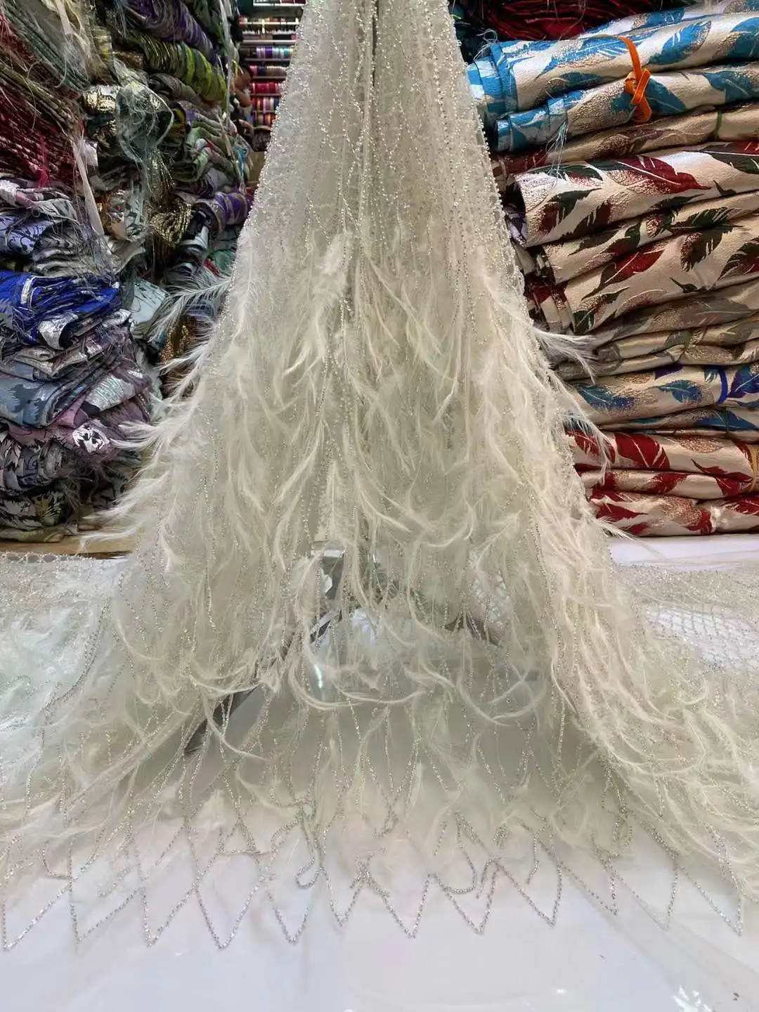 African Feather Lace Fabric, Embroidery with Sequins, Nigerian Tulle, Groom, Latest Black, 5 Yards