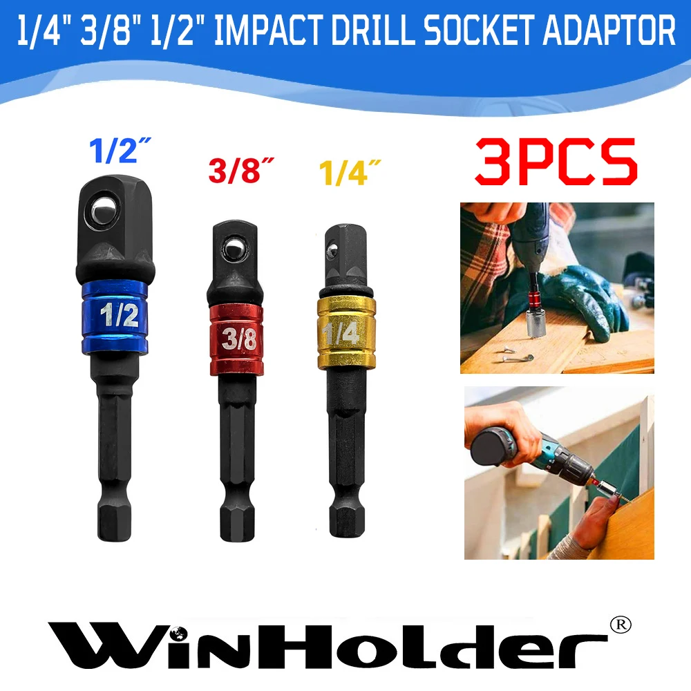 3X IMPACT Drill Socket Adaptor Hex 1/4" 3/8" 1/2" DR Square Socket Tool Set